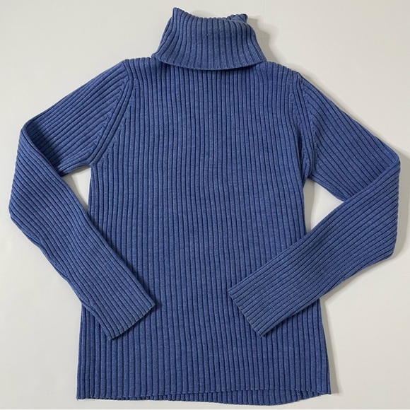 LLBean Turtleneck Sweater Women L Blue Wool Ribbed Preppy Quiet Luxury Scandi - Picture 1 of 4